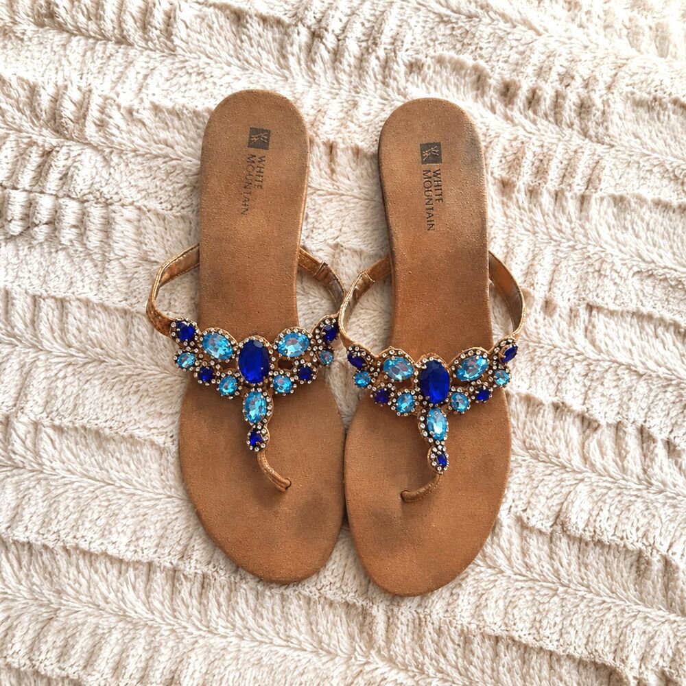 White Mountain Womens 10M Jeweled Leather Sandals Gold Blue Resort Glam